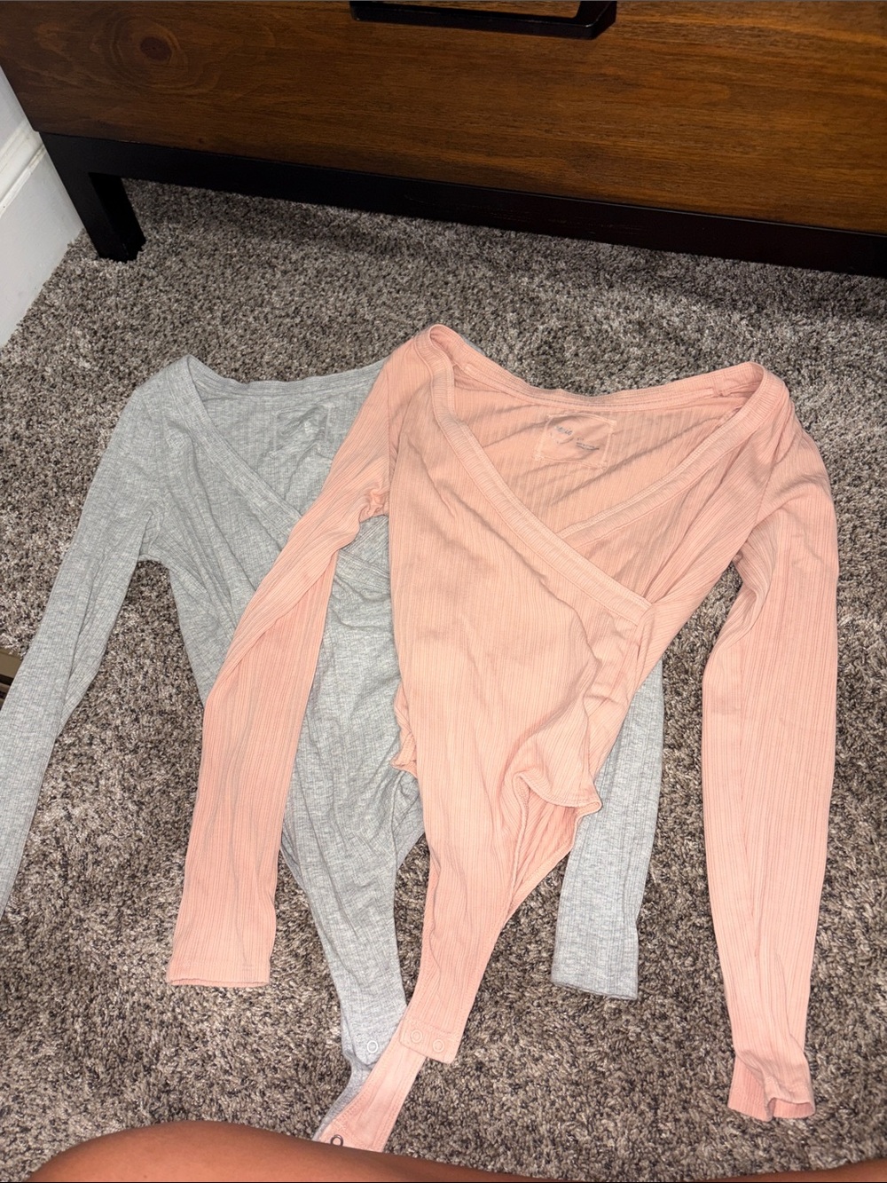 aerie Ribbed Wrap-Front Bodysuit Duo - Peach & Heather Gray